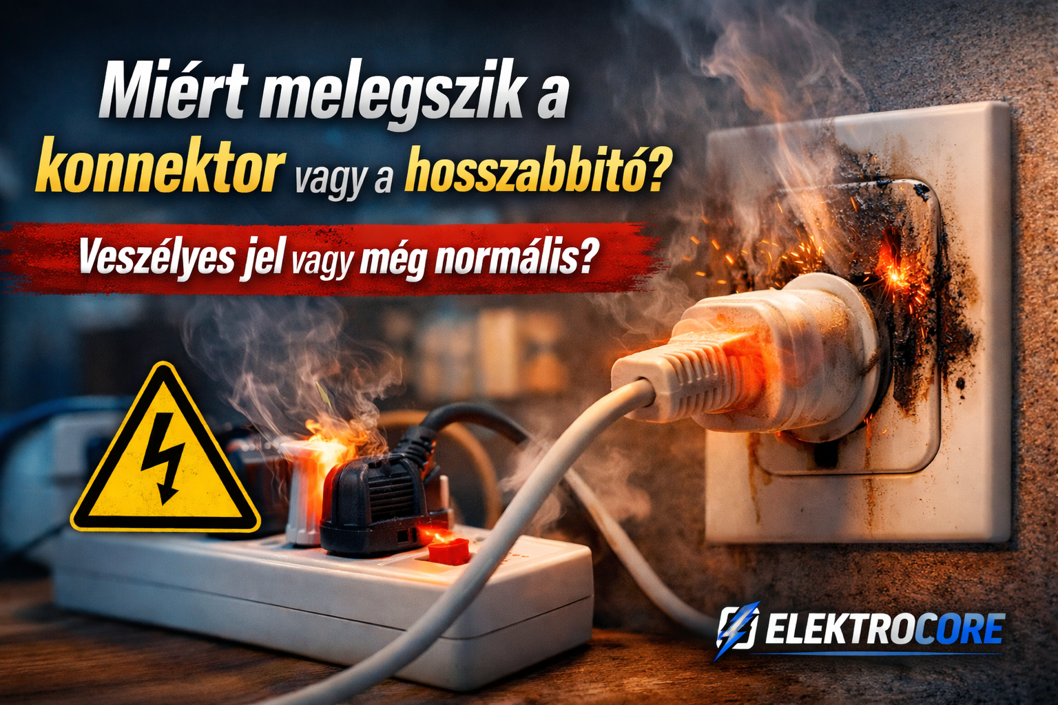 Elektromos konnektor és hosszabbító túlmelegedése, izzó csatlakozóval és figyelmeztető jelzéssel – Elektrokore blog borítókép