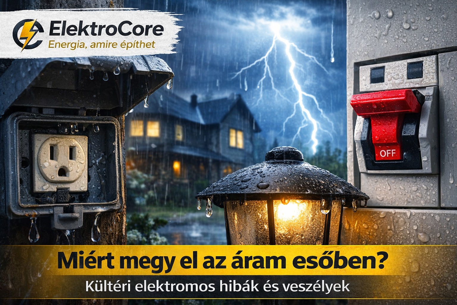 áram elmegy esőben kültéri elektromos hiba beázott konnektor és kerti lámpa FI relé leoldás