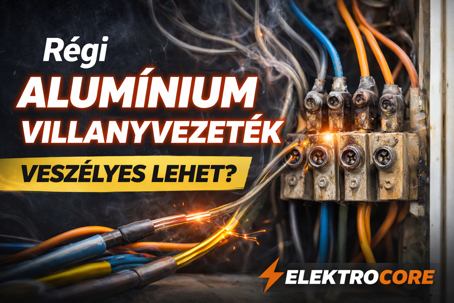 Régi alumínium villanyvezeték és új rézvezeték egy elektromos kapcsolótáblában, kis füsttel és szikracsíkkal, figyelmeztetve a veszélyekre.
