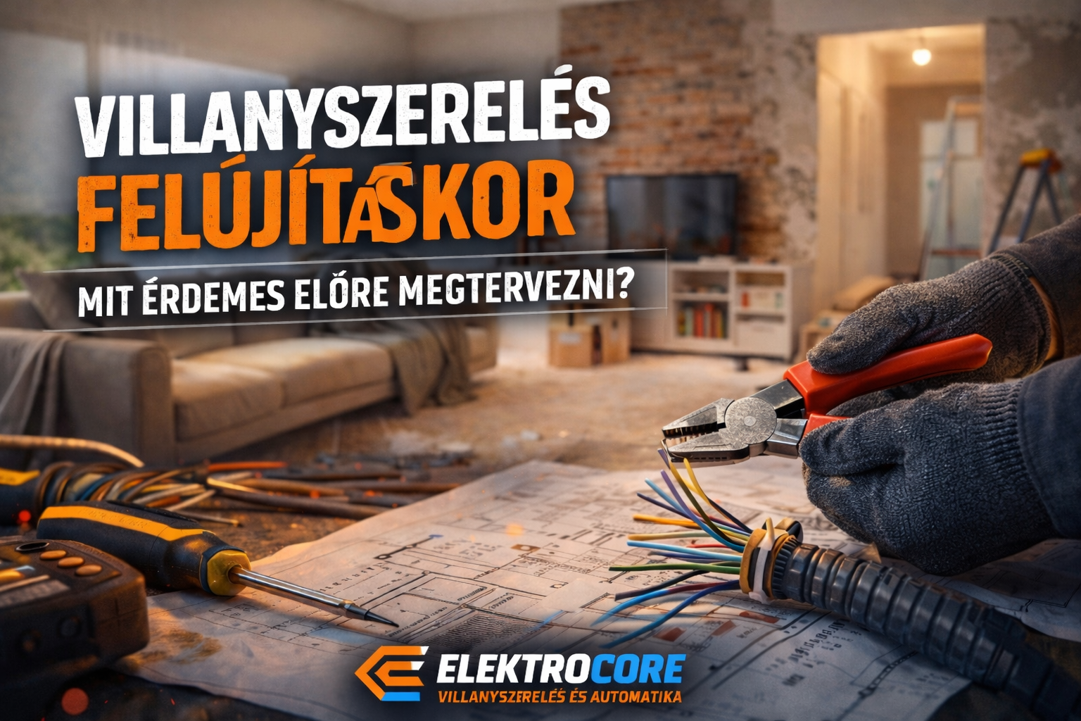 Villanyszerelés felújításkor – elektromos vezetékek és tervrajz modern nappaliban, Elektrocore szakmai kivitelezés