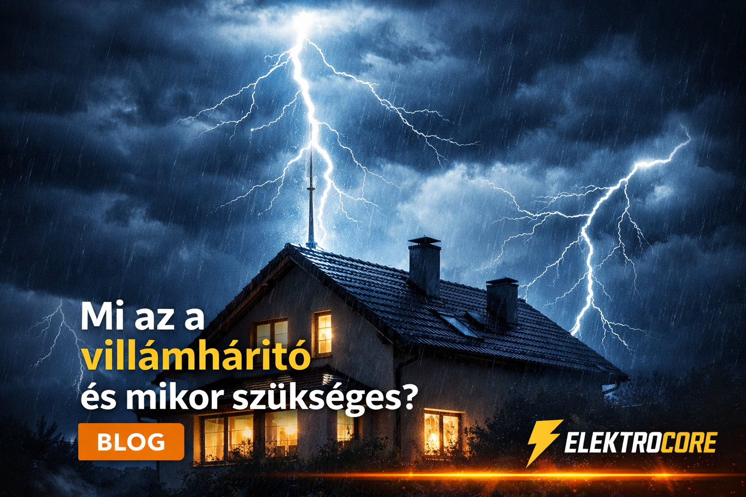 Villámhárítóval védett családi ház villámcsapás közben, villámvédelem bemutatása