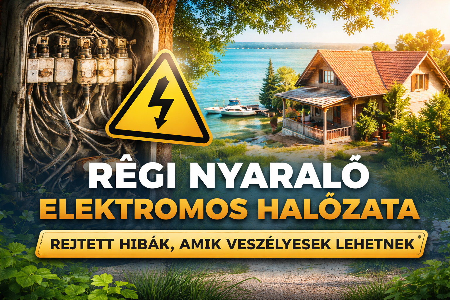 Régi nyaraló elektromos hálózat hibái Balaton közelében, alumínium vezeték és elavult biztosítéktábla