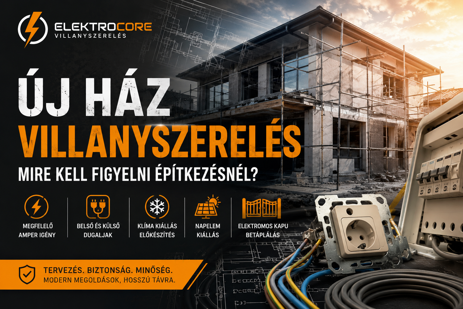Új építésű családi ház modern villanyszerelési előkészítéssel