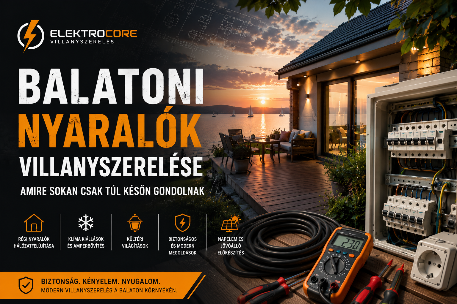 Balatoni nyaraló modern villanyszerelési rendszerrel naplementében