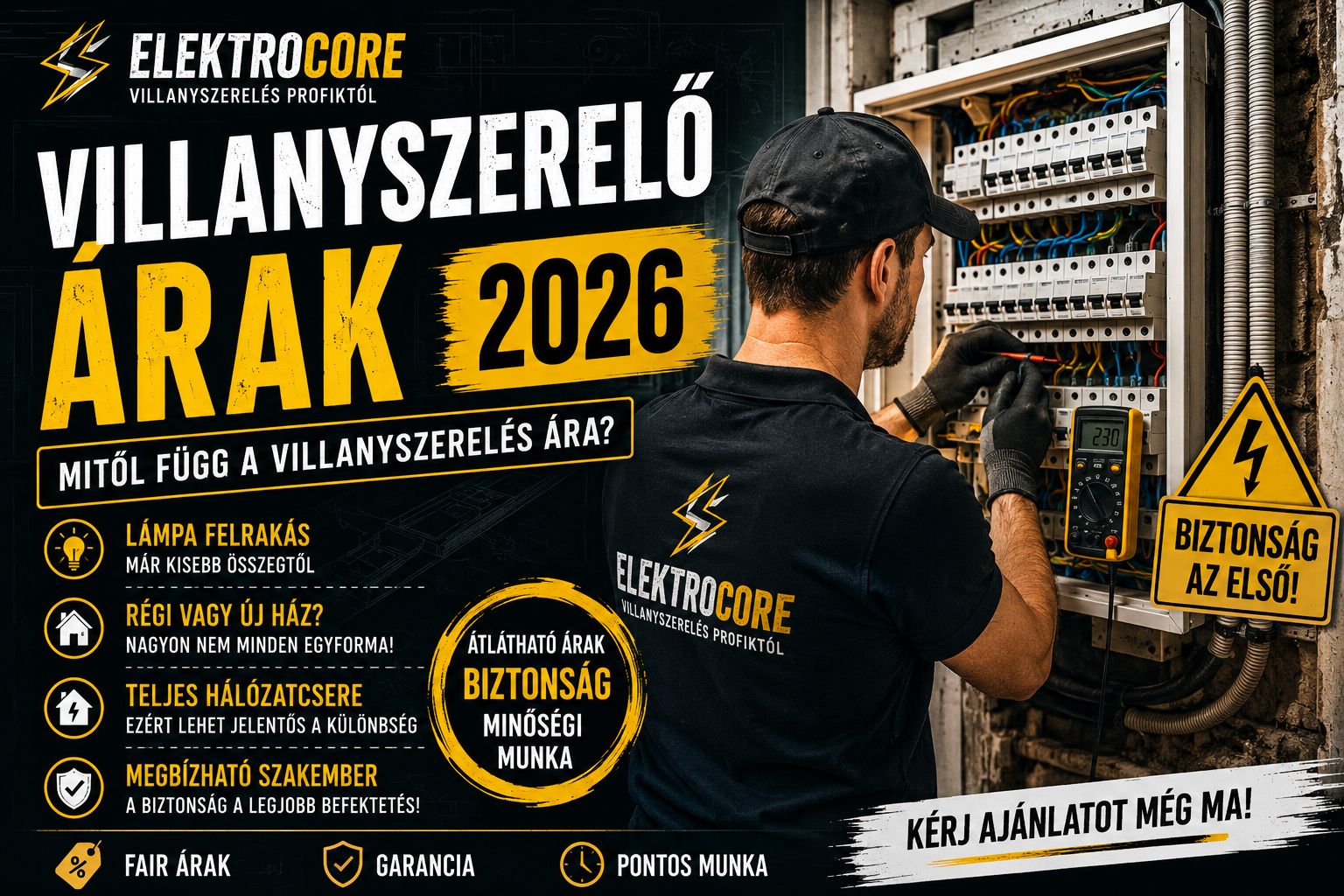 Villanyszerelő munka családi házban elektromos kábelezéssel és biztosítéktáblával