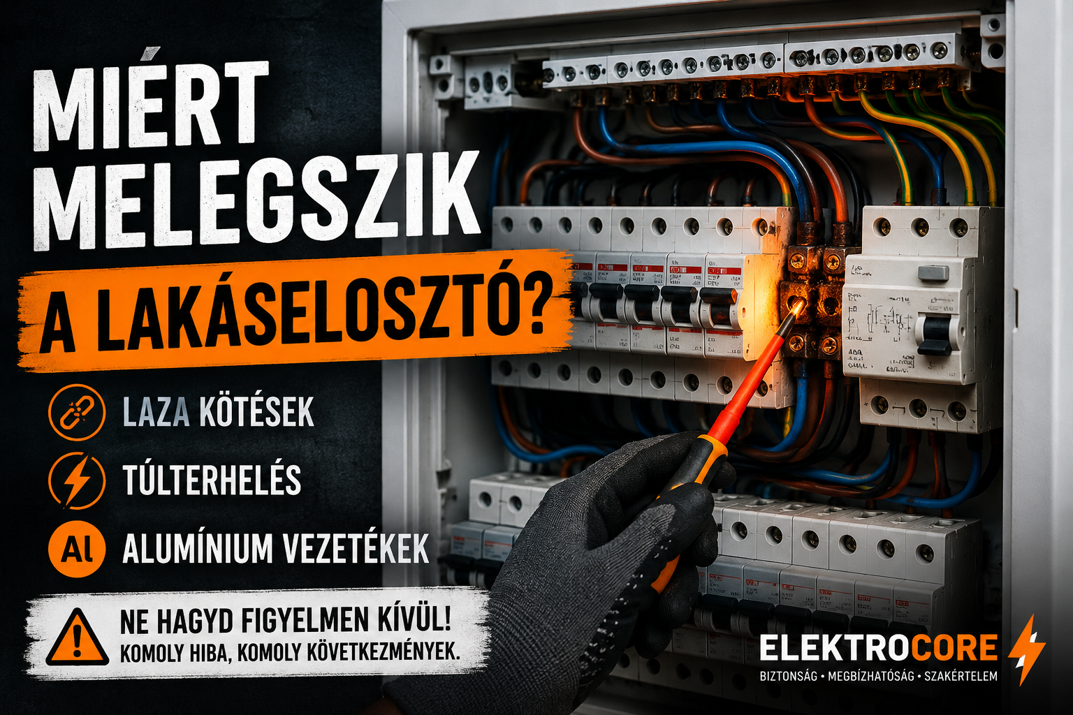Melegedő lakáselosztó és biztosítéktábla villanyszerelői ellenőrzés közben