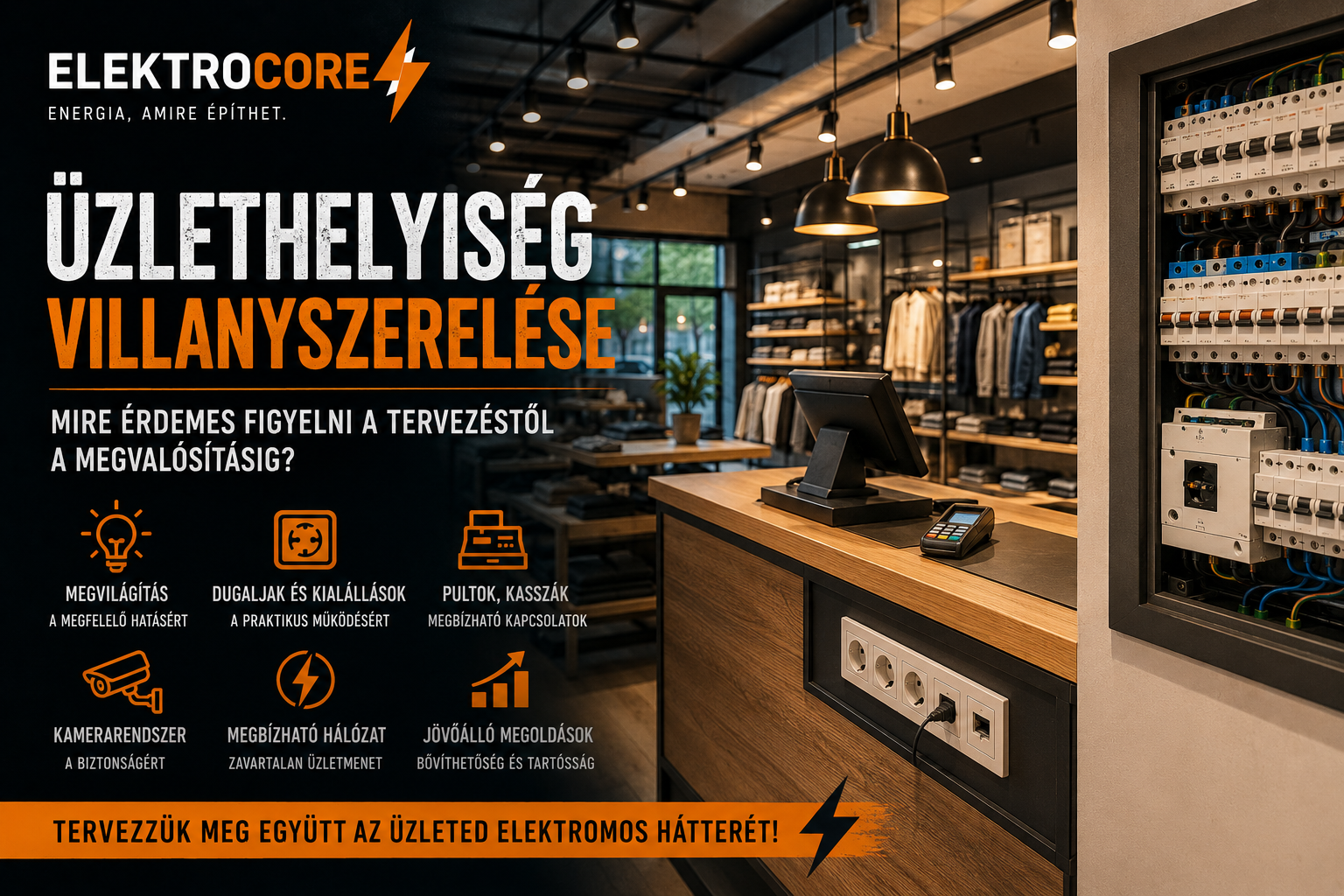 Modern üzlethelyiség villanyszerelése LED világítással és elektromos hálózattal