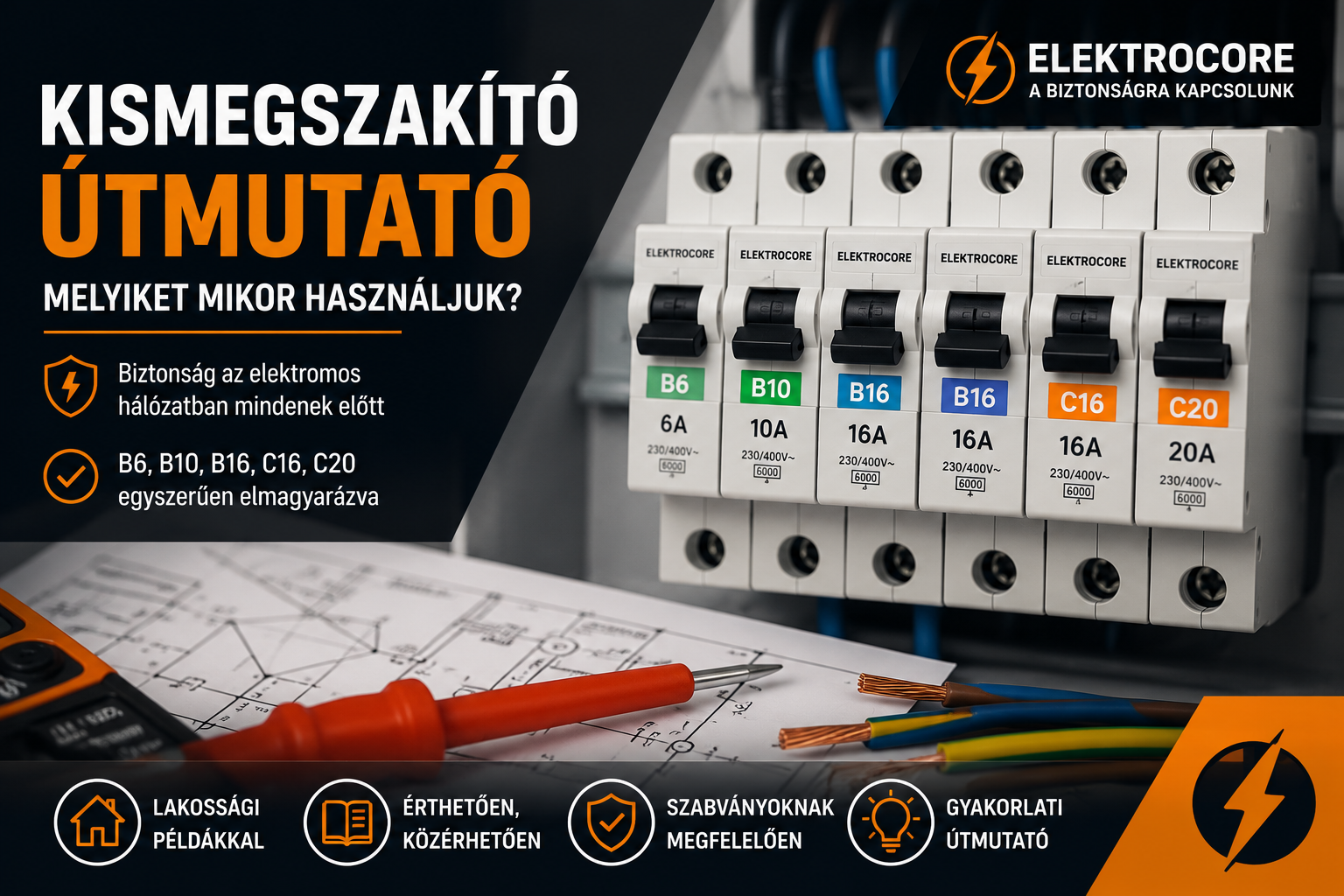 Lakáselosztó B6, B10, B16, C16 és C20 kismegszakítókkal. Az infografika bemutatja a különböző kismegszakító típusokat, azok jellemző felhasználását és a biztonságos villanyszerelés alapjait.