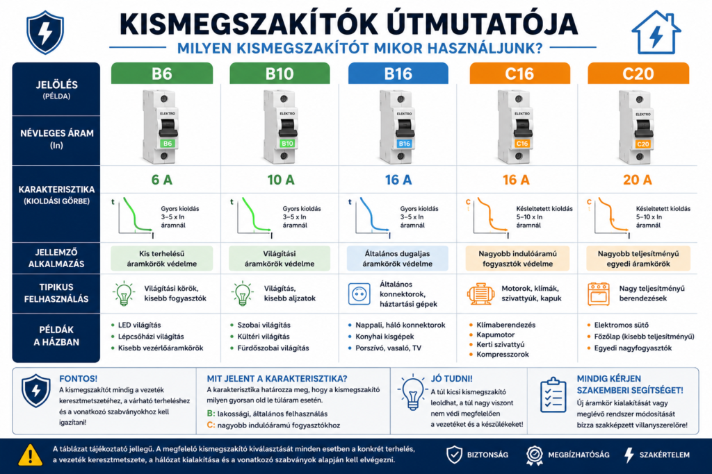 Infografika a B6, B10, B16, C16 és C20 kismegszakítók jellemzőiről, névleges áramerősségéről, kioldási karakterisztikájáról és tipikus lakossági felhasználási területeiről.