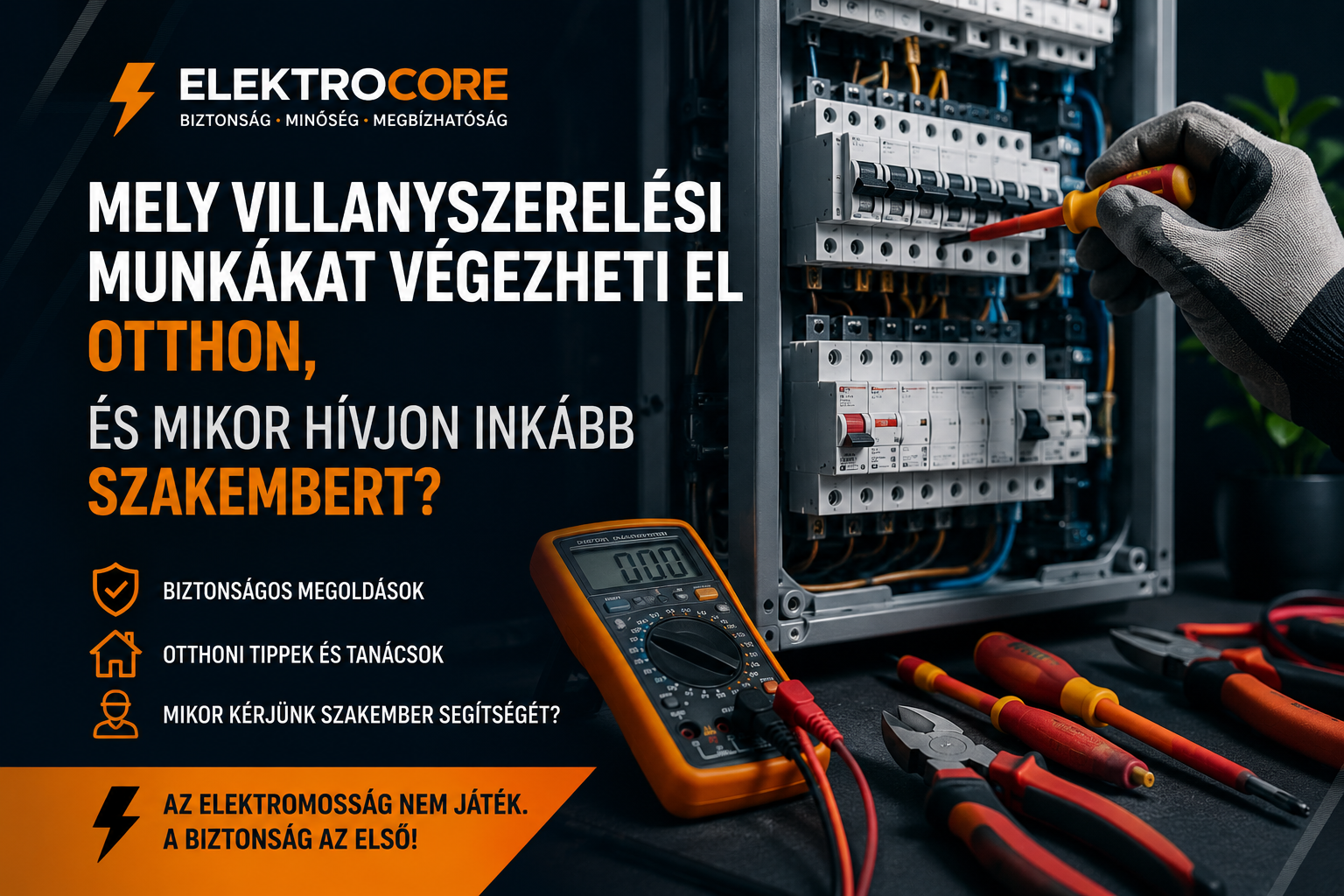 Villanyszerelő biztonságosan dolgozik egy családi ház elektromos hálózatán szigetelt szerszámokkal. Az otthoni villanyszerelés során a biztonság és a szakszerű kivitelezés kiemelten fontos.