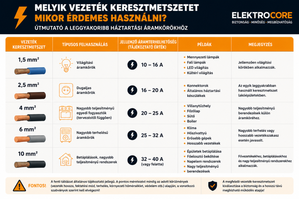 Áttekintő táblázat a leggyakoribb villanyvezeték keresztmetszetekről és azok tipikus lakossági felhasználásáról: 1,5 mm², 2,5 mm², 4 mm², 6 mm² és 10 mm².