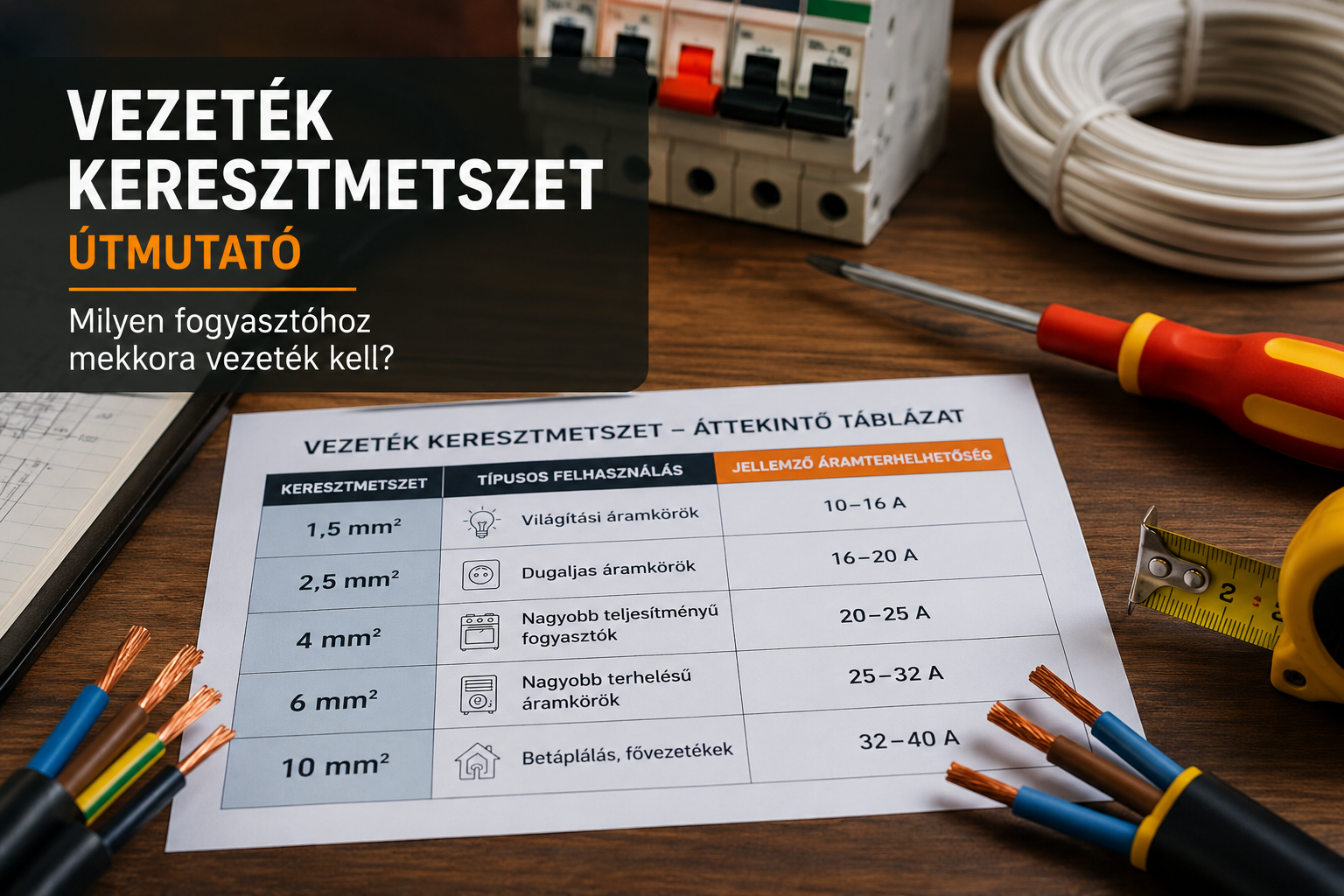 Villanyvezeték keresztmetszet útmutató táblázattal, villanyszerelő szerszámokkal és réz vezetékekkel. A kép a különböző vezeték-keresztmetszetek tipikus lakossági felhasználását szemlélteti.