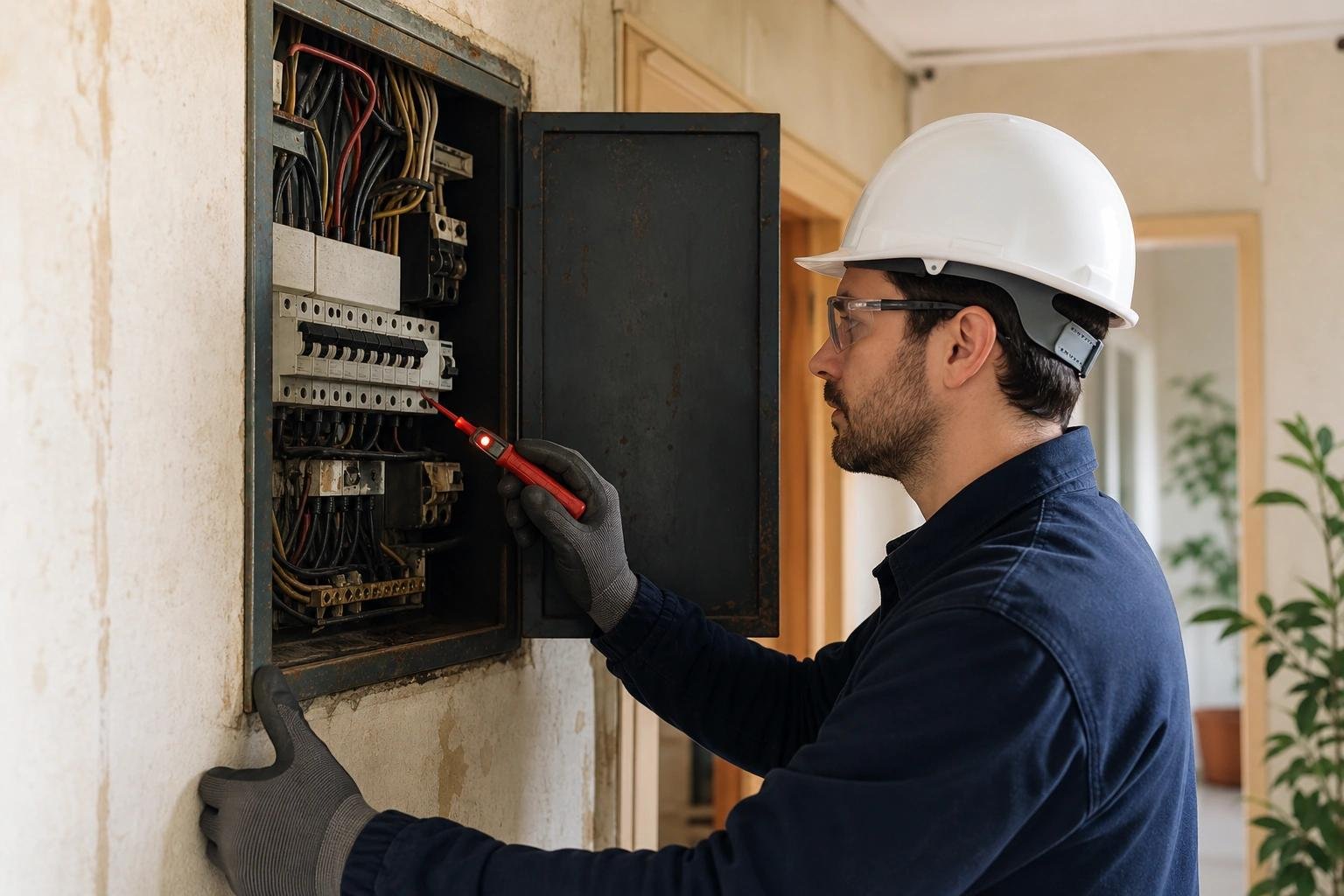 Villanyszerelő elektromos elosztótáblában dolgozik egy lakásban ALT másolása